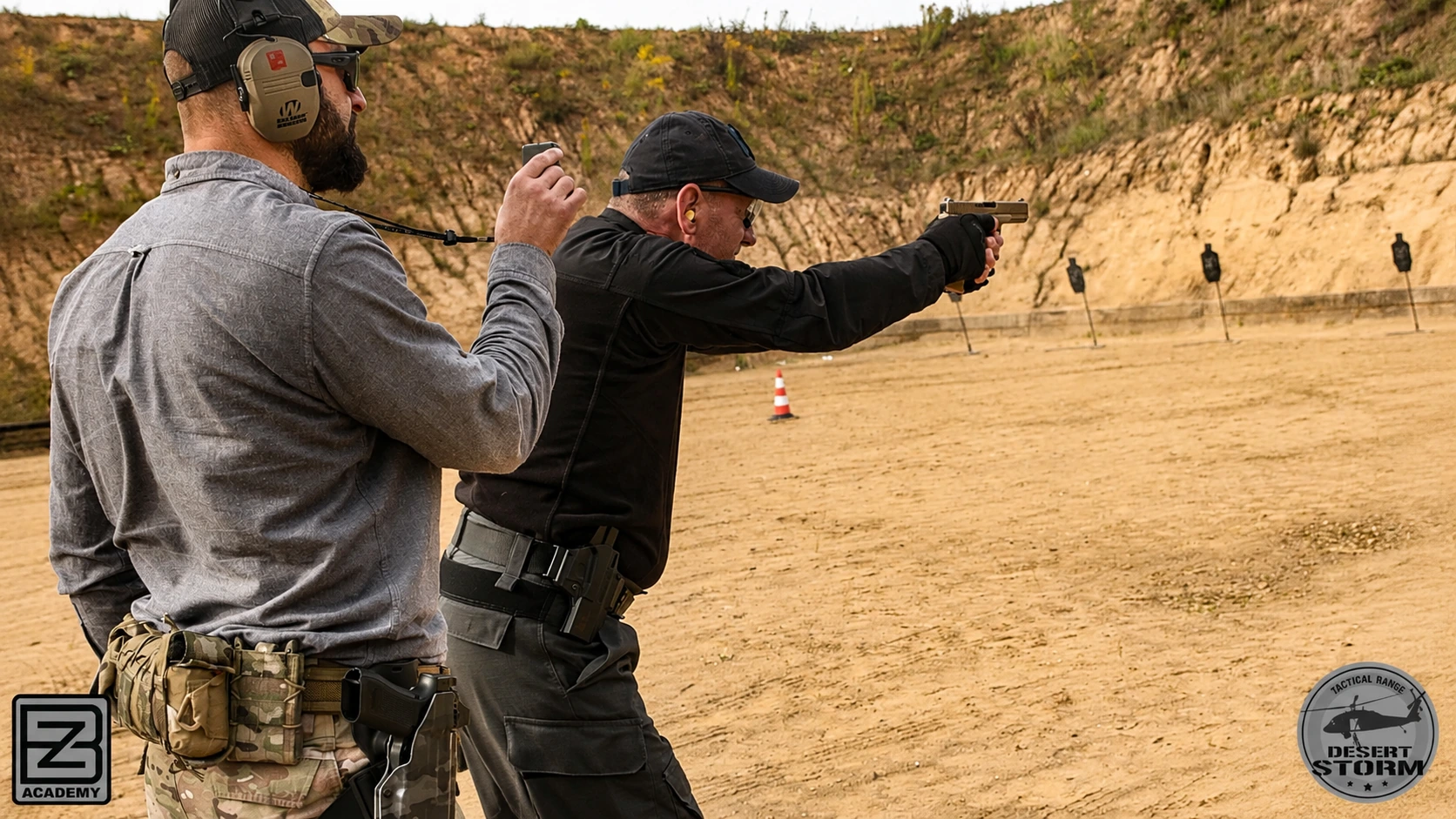 BZ Academy instructor reviewing pistol training performance with students in Poland