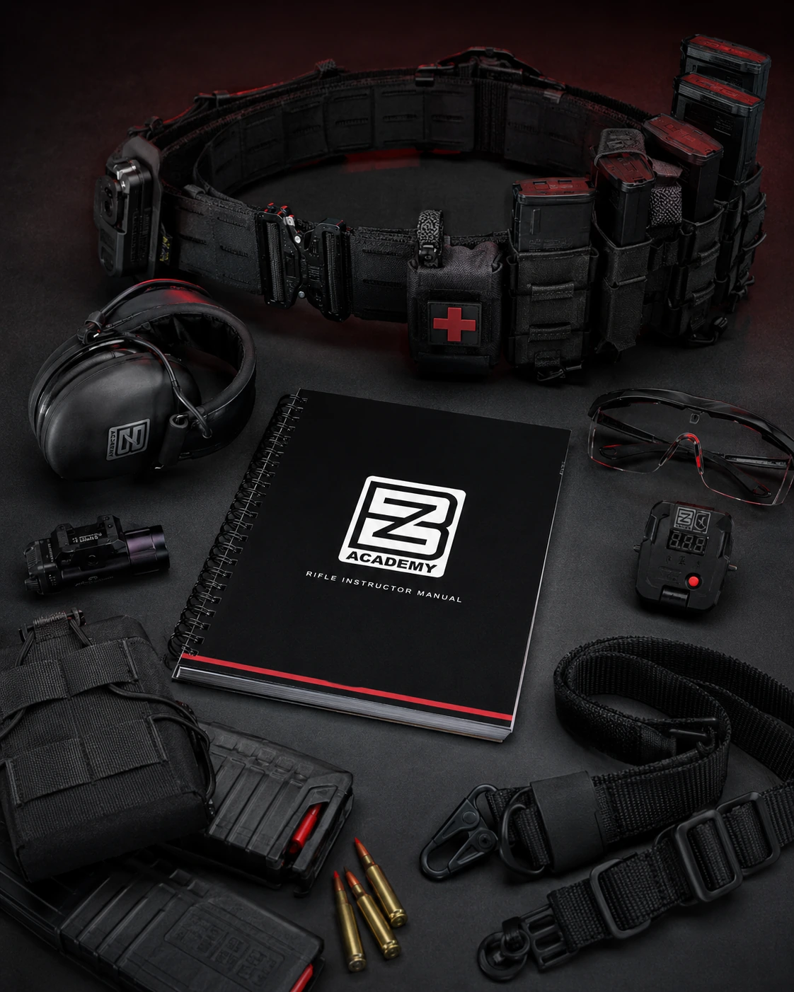 Rifle instructor equipment including tactical belt, rifle magazines, sling, eye protection, hearing protection, timer and BZ