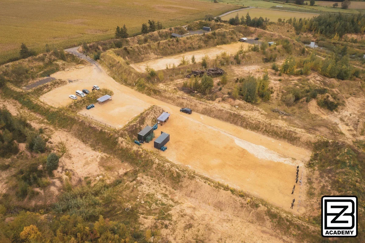 Aerial oblique view of BZ Academy shooting bays and training areas