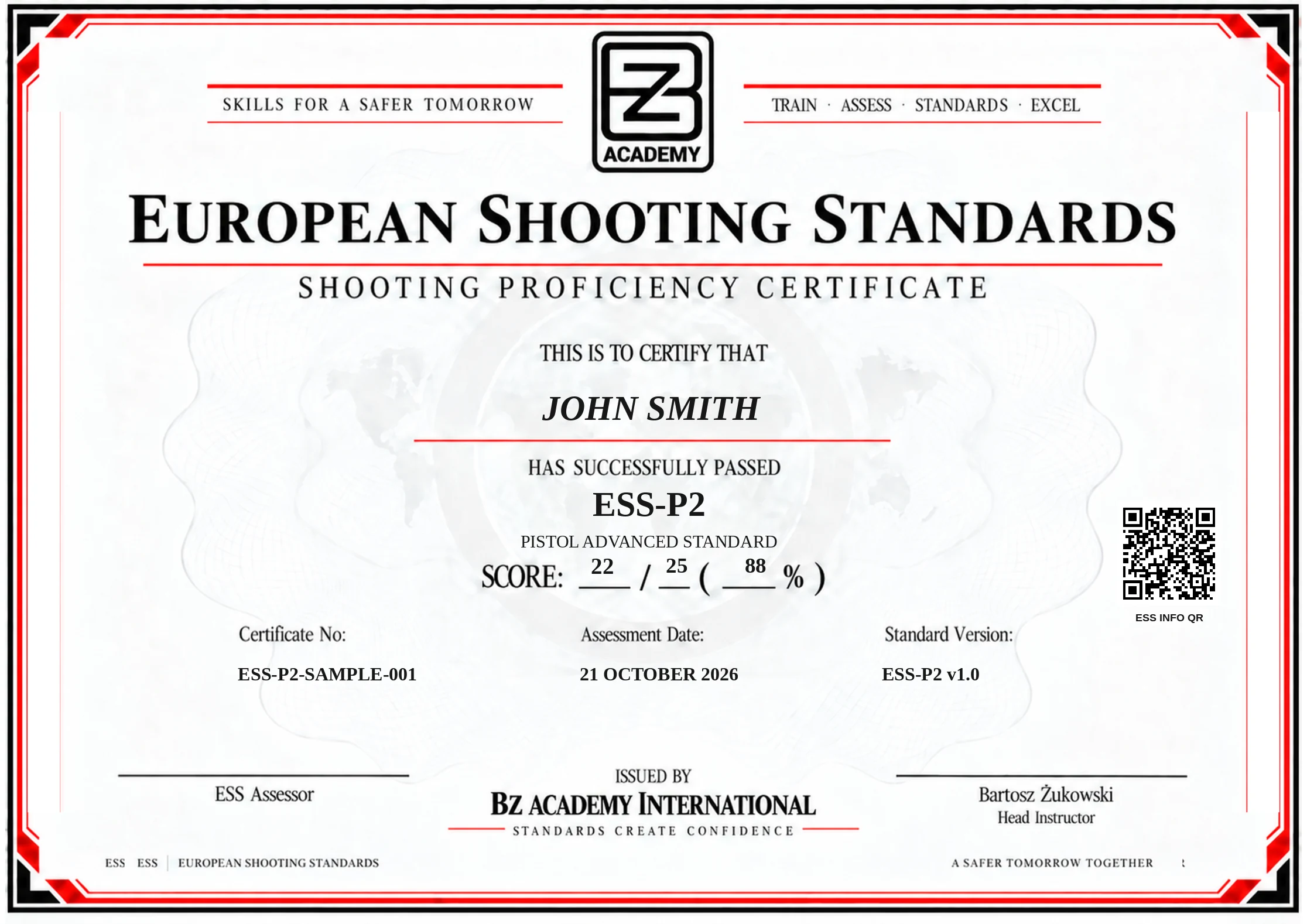 Illustrative ESS-P2 certificate for John Smith based on the final BZ Academy European Shooting Standards certificate template, with sample date, score, certificate number and information QR