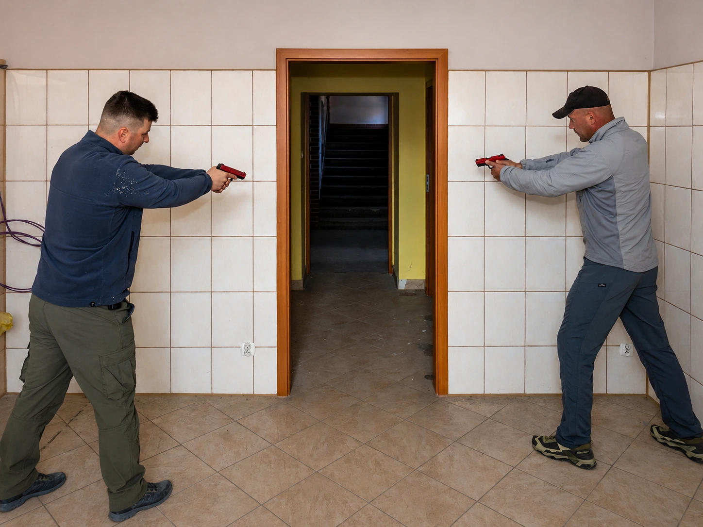 Two Man CQB students training coordinated movement in a close-quarter environment at BZ Academy in Poland