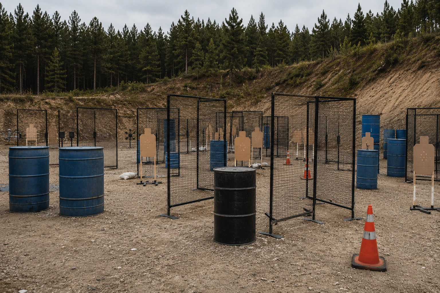 Training configuration with modular mesh screens, barrels, cones and targets at BZ Academy in Poland