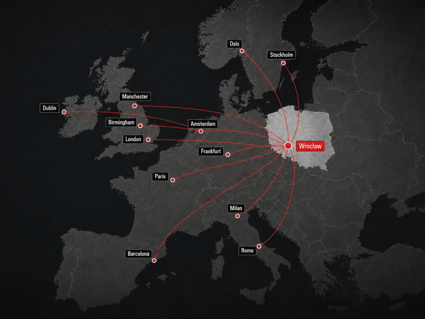 Map of Europe showing example flight connections to Wrocław for BZ Academy students in Poland